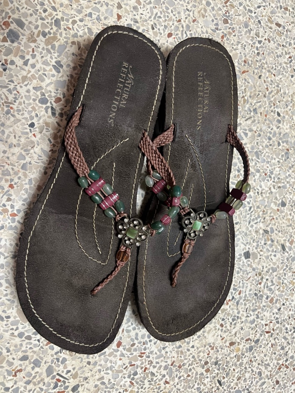 Natural Reflections Brown Sandal Thongs with Green & Maroon Beads